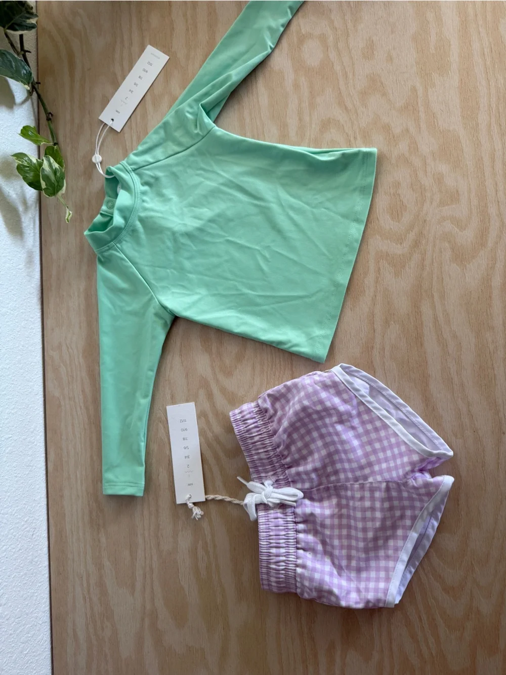 NWT Minnow Kids Set Palm Green Rashguard Lavender Gingham Shorts Sz 1